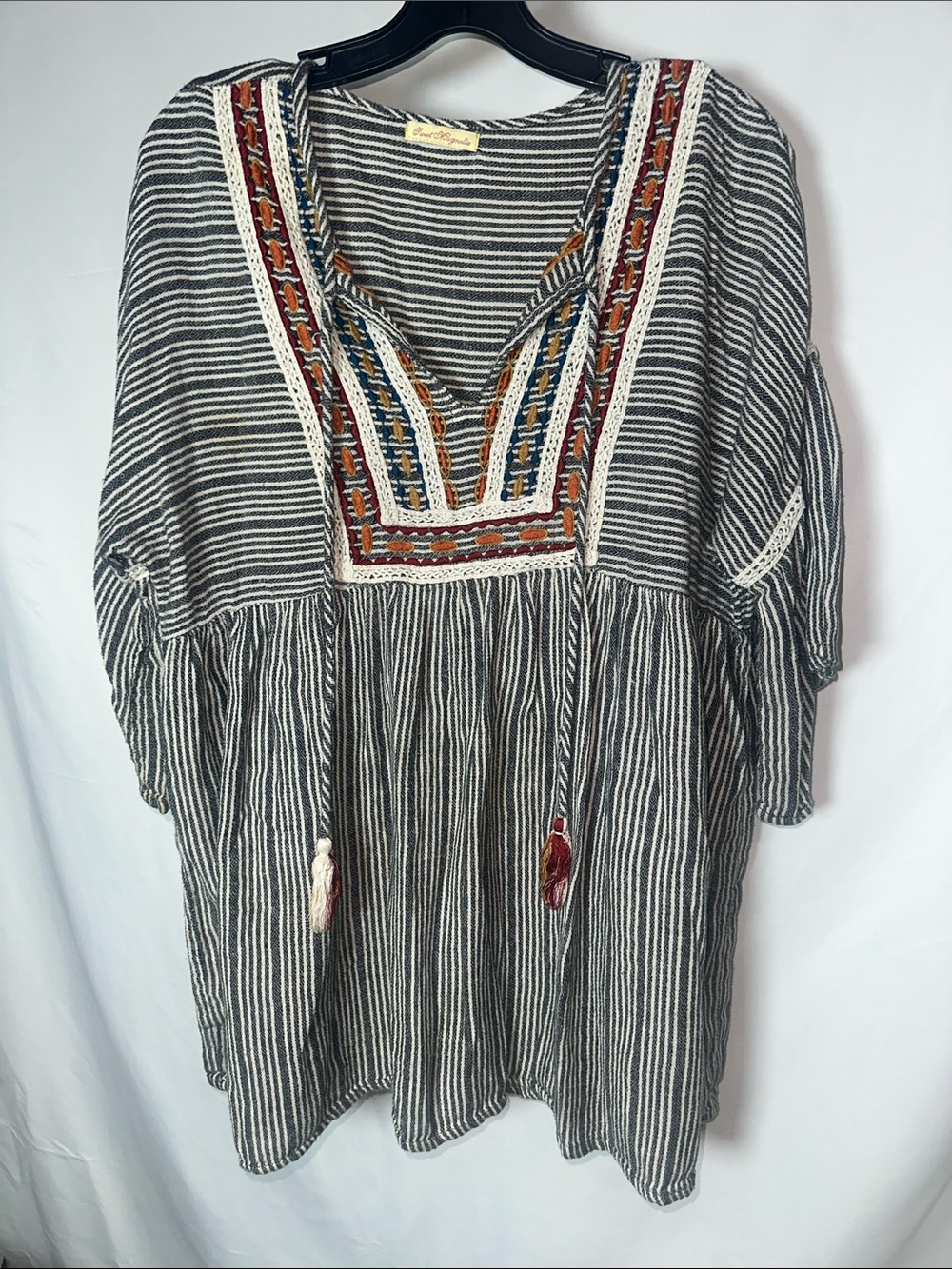 Sweet magnolia Striped Embroidered Peasant Tunic - Gray